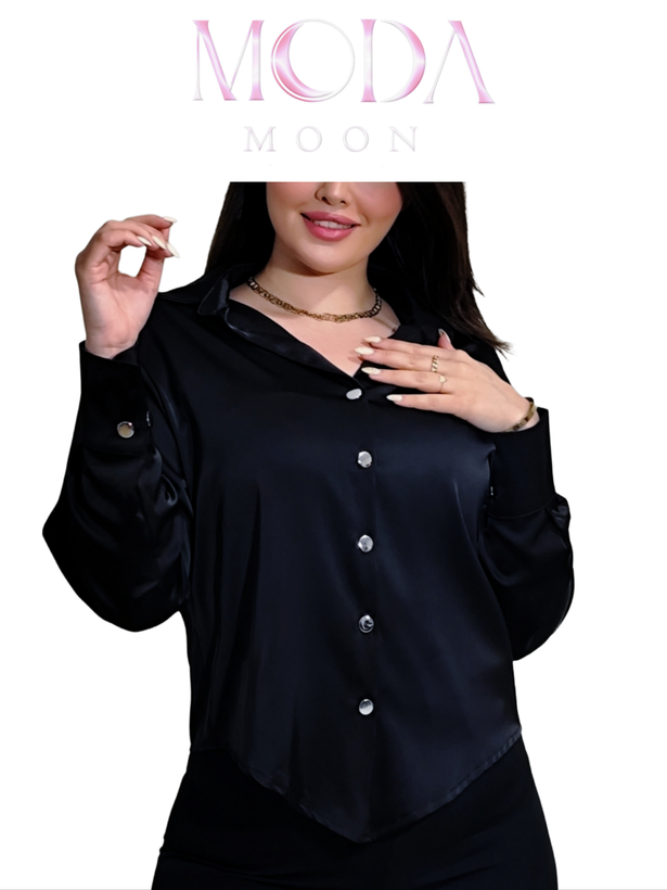 کراپ شومیز زنانه مجلسی شیک ساتن مشکی آسیتن بلند مدل گره ای برند MODAMOON