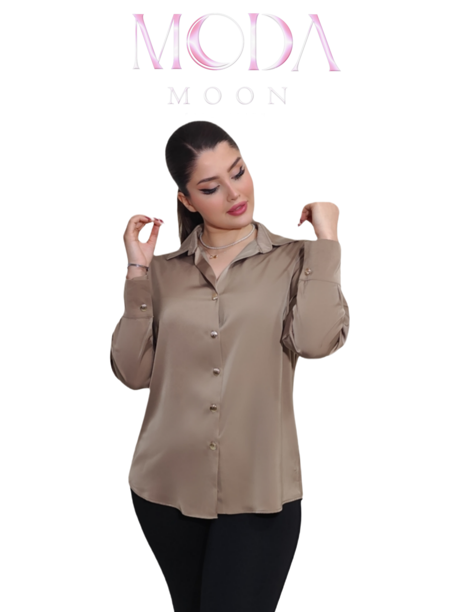 شومیز زنانه مجلسی آسیتن بلند  ساتن بژ  برند MODAMOON