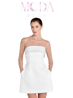 پیراهن سفید کوتاه مجلسی زنانه Moda Moon، طراحی شیک و مینیمال با یقه دکلته، برش کمر و سیلوئت A-Line برند MODAMOON
