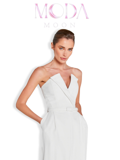 اورال (Jumpsuit) سفید مجلسی زنانه با یقه دکلته/برش هفت و پاچه گشاد برند MODAMOON