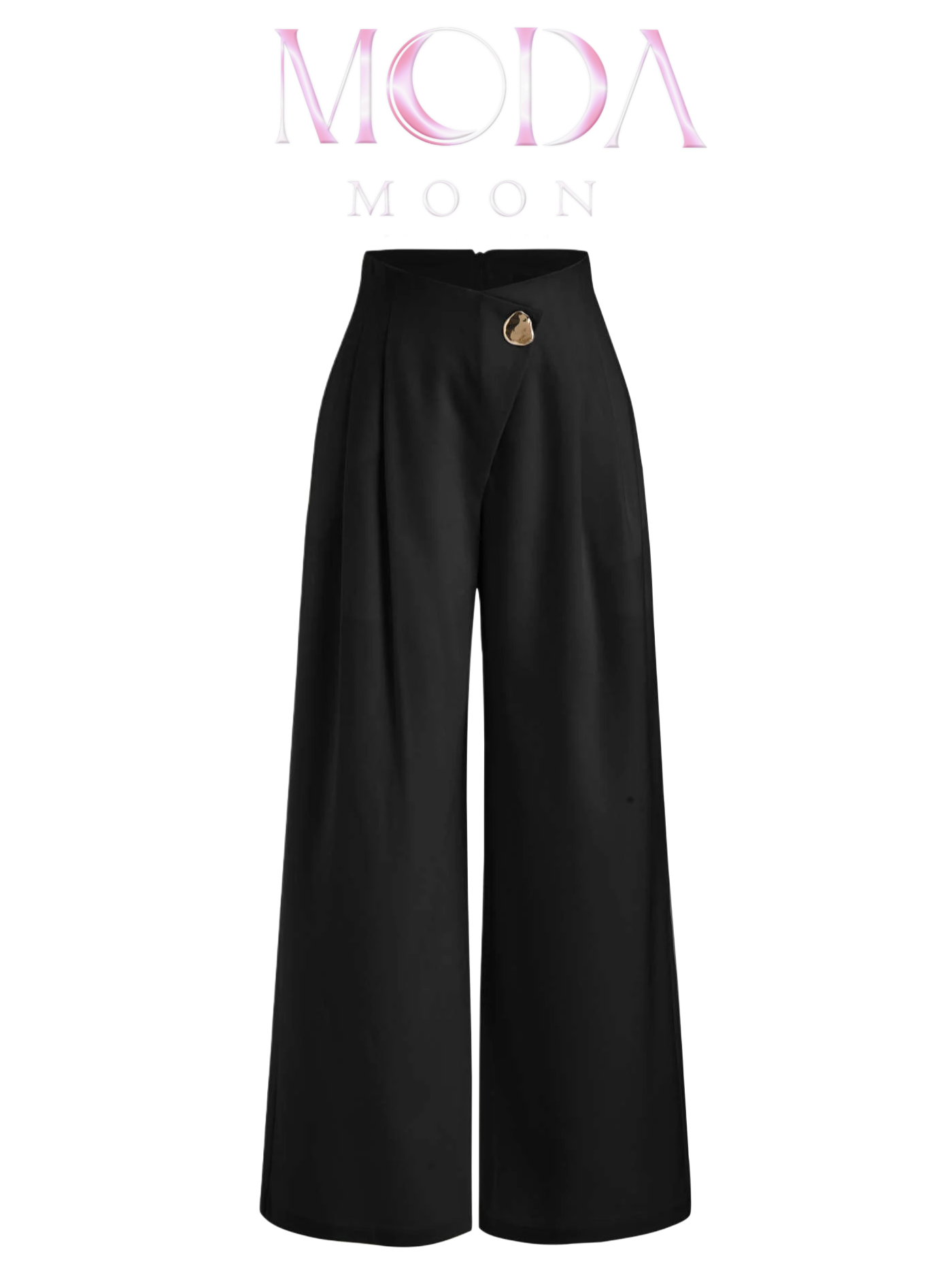 شلوار پارچه‌ای زنانه دمپا گشاد (Wide Leg) با کمر بلند، طراحی اورلپ (Overlap) و دکمه فلزی تزئینی در قسمت جلو برند MODAMOON