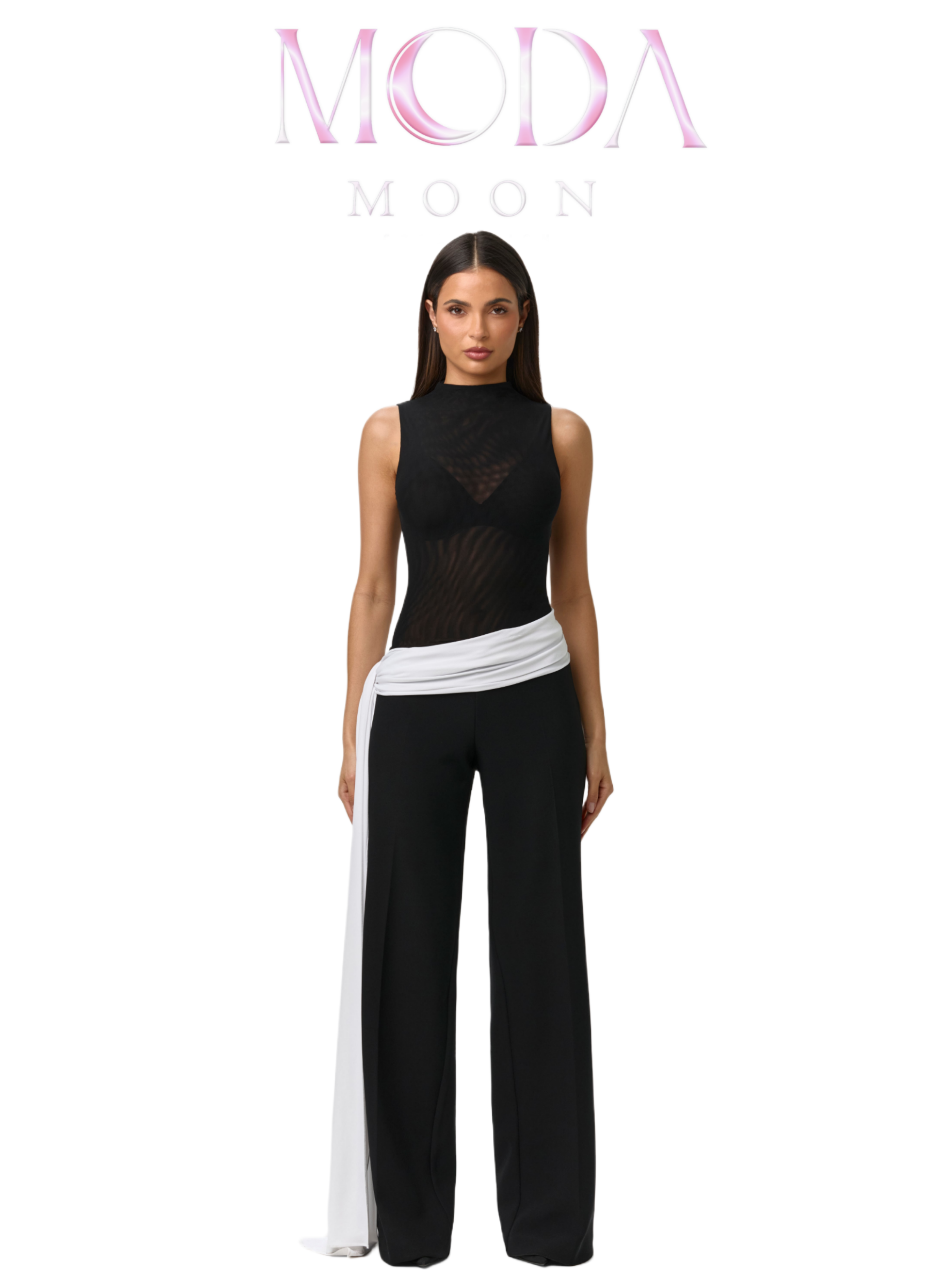 شلوار خاص وایدلگ (Wide-Leg) با شال کمر سفید برند MODAMOON