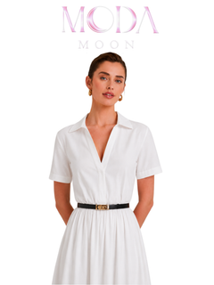 پیراهن میدی سفید یقه انگلیسی کمردار برند MODAMOON